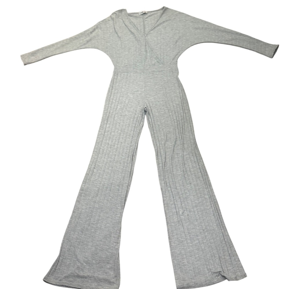 Femme Luxe Women's Gray Ribbed‎ Knit Wide Leg Jumpsuit UK 10 V-Neck